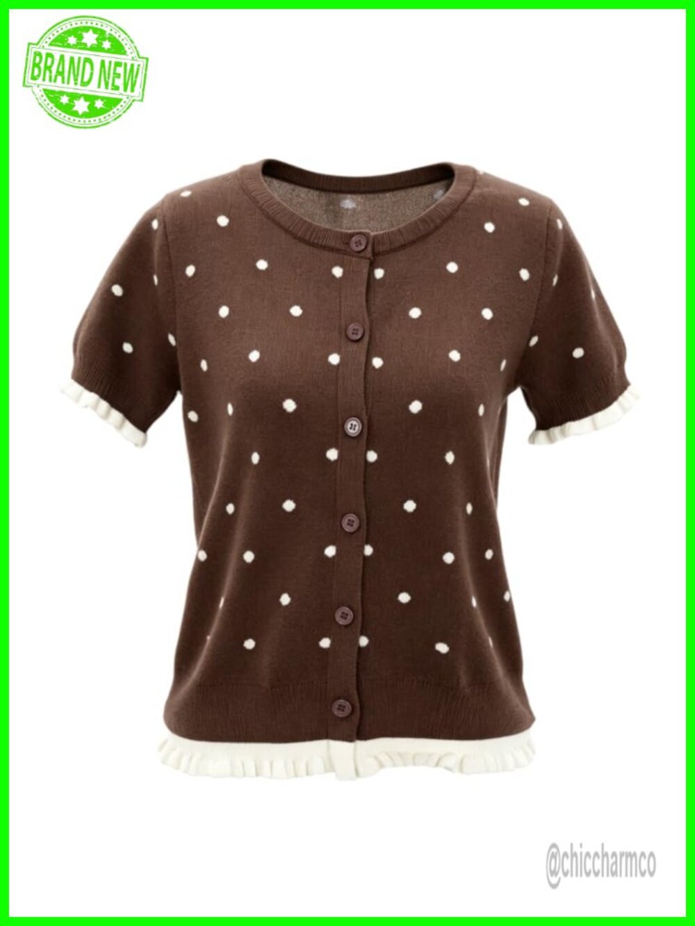 Womens Polka Dot Short Sleeve Button Down Cardigan Sweater Lightweight Knit